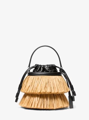 Michael Kors Ischia Mini Leather And Fringe Bucket Bag In Natural