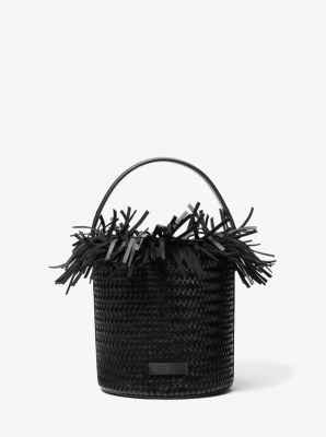 Michael Kors Salerno Fringed Woven Calf Leather Bucket Bag In Black