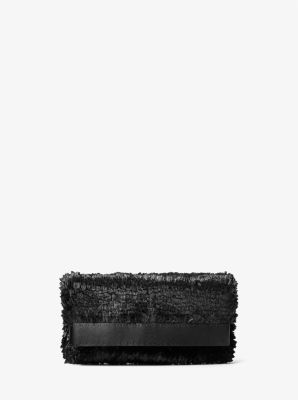Michael Kors Sorrento Hand-stitched Fringe And Leather Foldover Clutch In Black