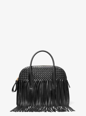 Kaitlin Large Fringed Woven Leather Dome Satchel