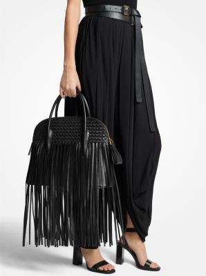 Kaitlin Large Fringed Woven Leather Dome Satchel