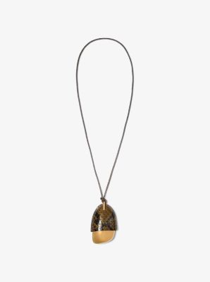 Brushed Brass and Snake Embossed Leather Wrapped Pendant Necklace