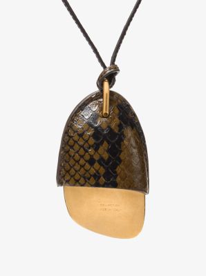 Brushed Brass and Snake Embossed Leather Wrapped Pendant Necklace