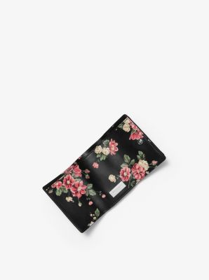 Petit portefeuille en cuir de veau &agrave; motif floral et &agrave; poche