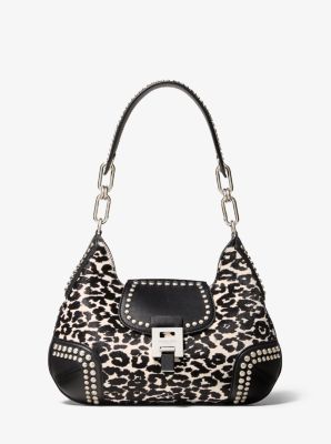 Bancroft Medium Leopard Calf Hair and Studded Leather Shoulder Bag | Michael  Kors