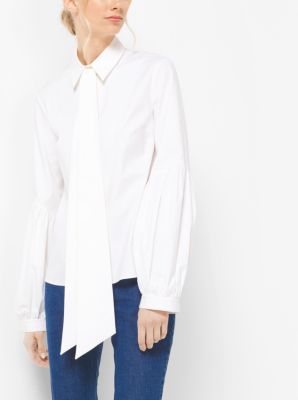 Tie-Neck Stretch-Cotton Poet&rsquo;s Blouse