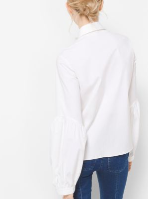 Tie-Neck Stretch-Cotton Poet&rsquo;s Blouse