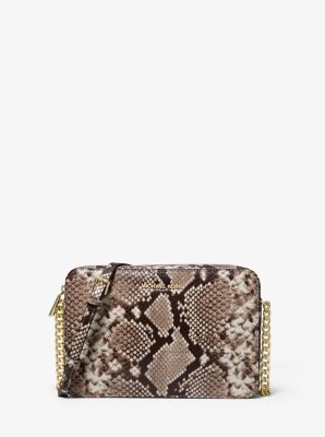 soho large studded snake embossed leather and logo shoulder bag