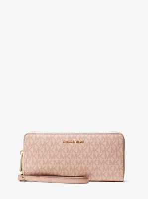 Michael Kors Jet Set Travel Large Continental Zip Wallet in Brown Logo  Printed Canvas with Leather Trim - Women's Wallet with Wristlet Strap