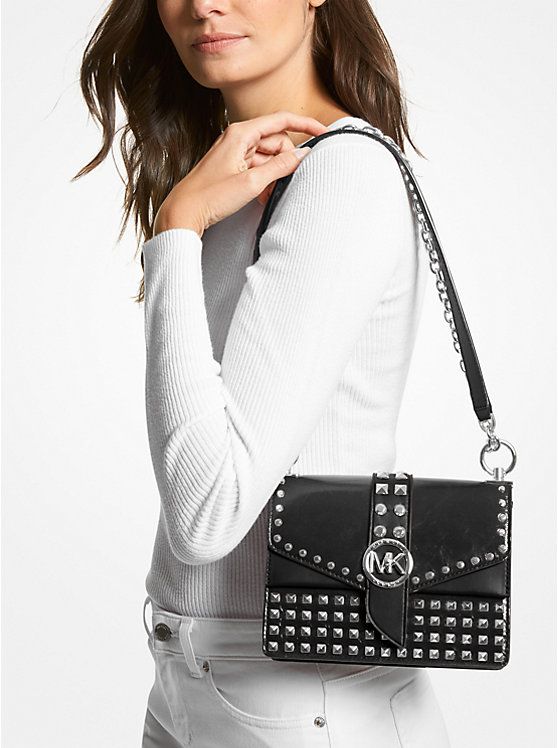 Greenwich Small Studded Crinkled Leather Crossbody Bag