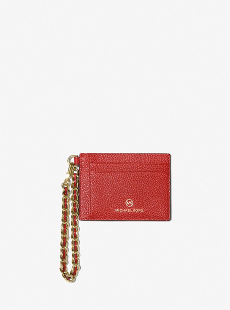 Small Pebbled Leather Chain Card Case - CRIMSON - 32F2GT9D5L