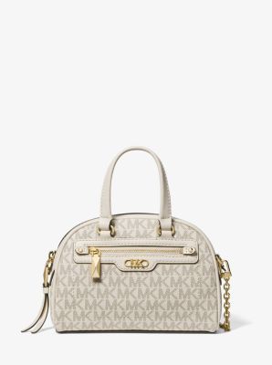 Michael Michael Kors White/Beige Signature Coated Canvas and Leather Grayson Boston Bag