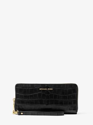 Travel Crocodile-Embossed-Leather Continental Wristlet  