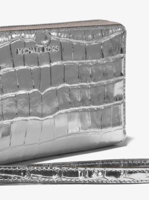 Travel Metallic Crocodile-Embossed-Leather Continental Wristlet