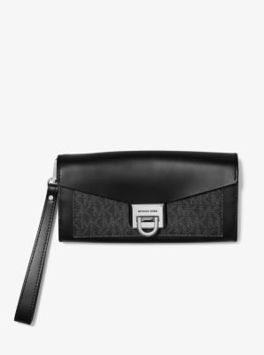 Manhattan large viola leather and sales logo clutch