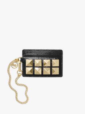 Petit porte-cartes en cuir textur&eacute; &agrave; clous et &agrave; cha&icirc;ne