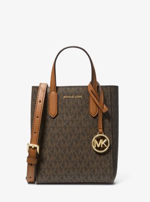 Michael Kors Large Bedford Travel Brown & Bright Red Logo Stripe