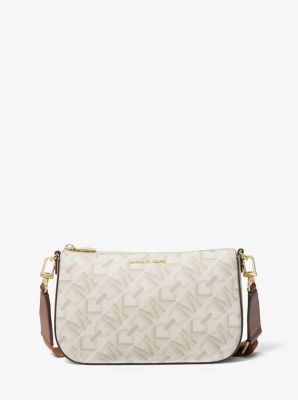 Michael Kors White/Brown Signature Canvas & Leather Crossbody Satchel Bag