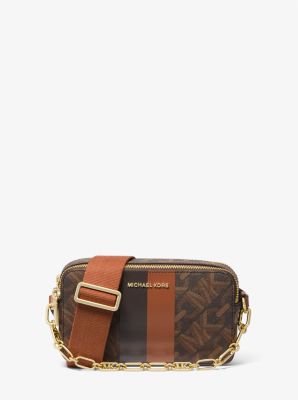 Michael Kors Jet Set Small Empire Signature Logo Stripe Double-zip Camera Bag In Brown