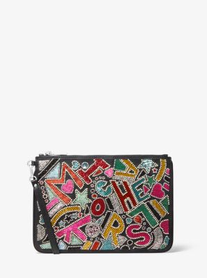 Large Party Bead Leather Zip Pouch 