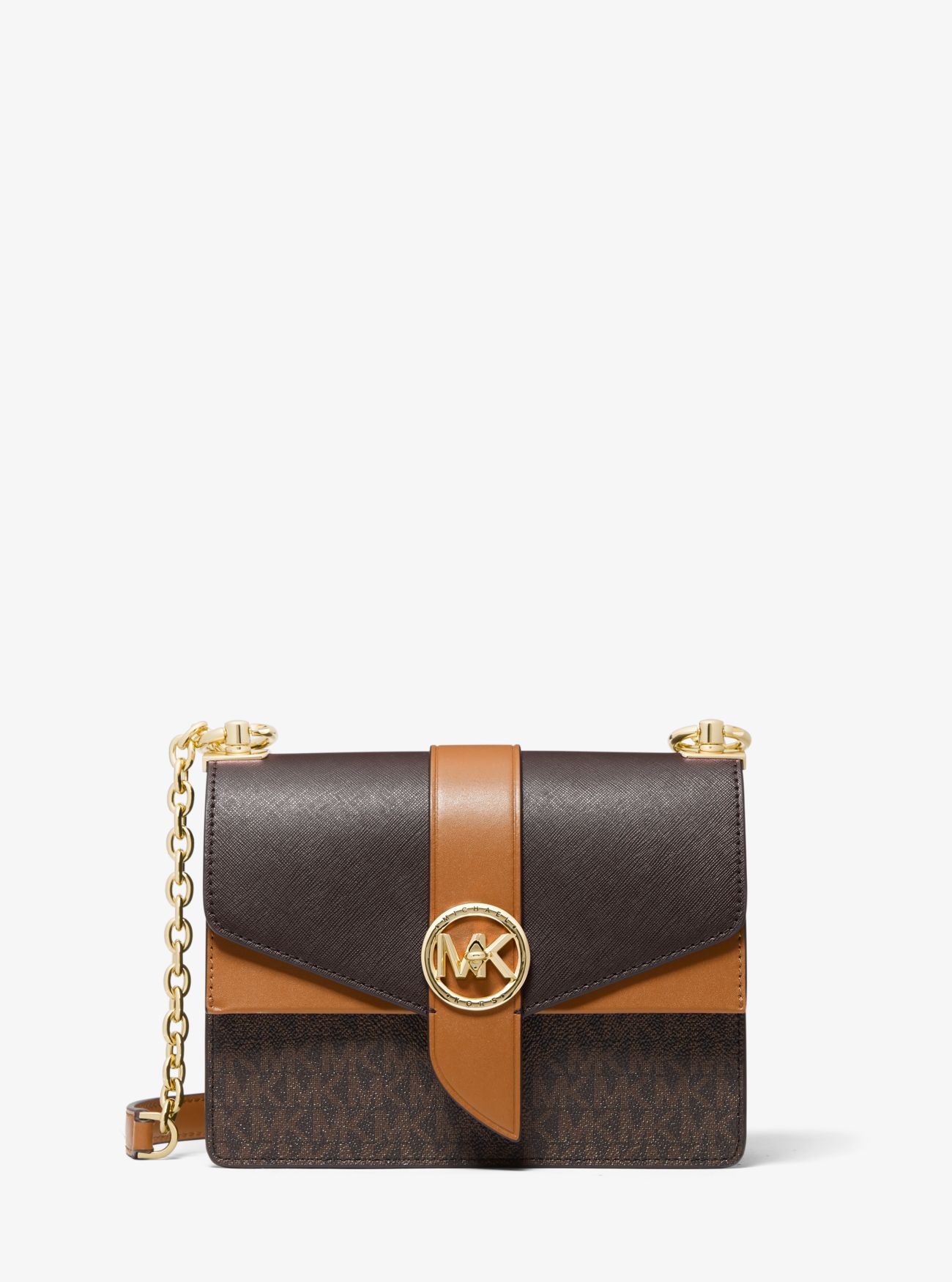 MK Greenwich Small Color-Block Logo and Saffiano Leather Crossbody Bag - Brown - Michael Kors