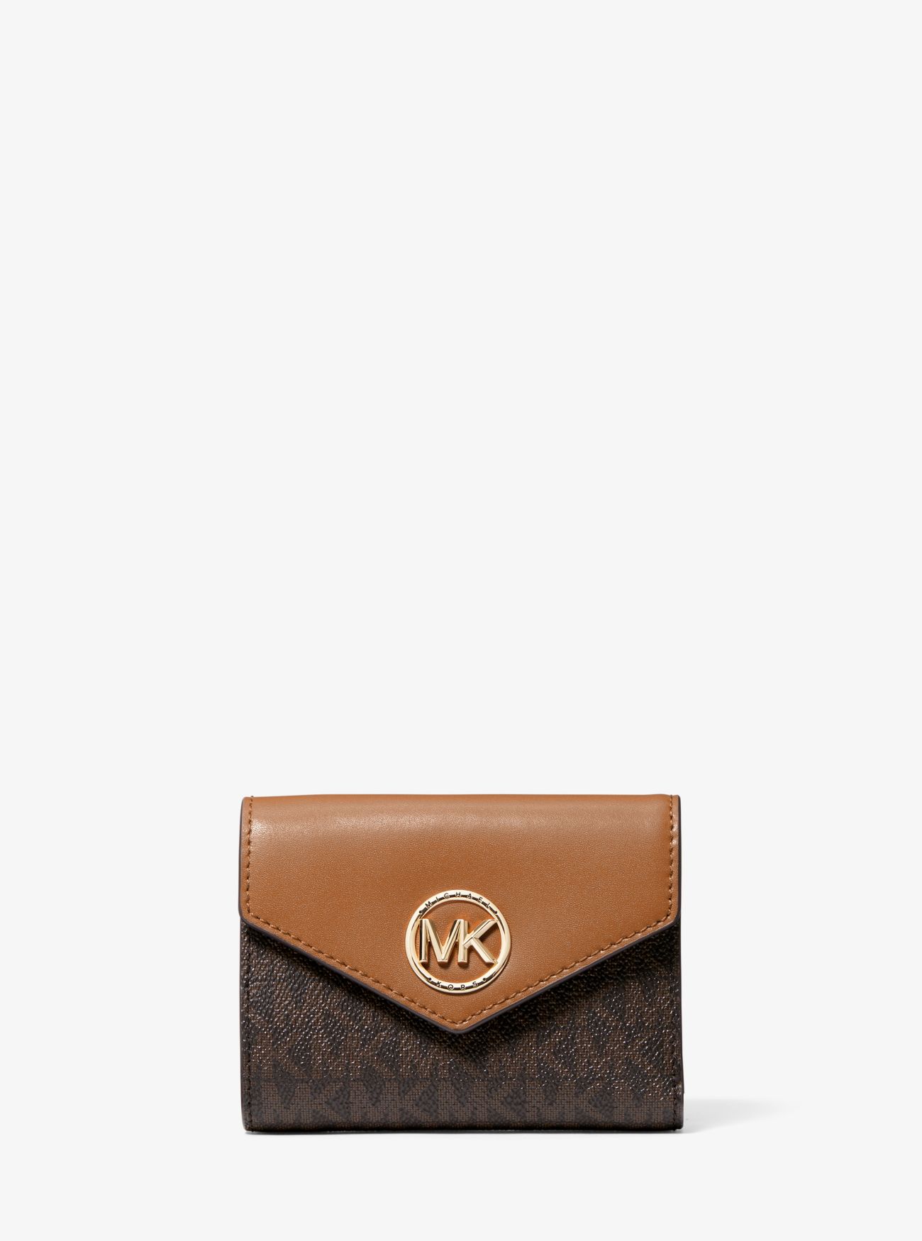 MK Greenwich Medium Signature Logo and Leather Tri-Fold Envelope Wallet - Brown - Michael Kors