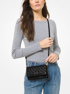 Jet Set Small Woven Leather Smartphone Convertible Crossbody Bag
