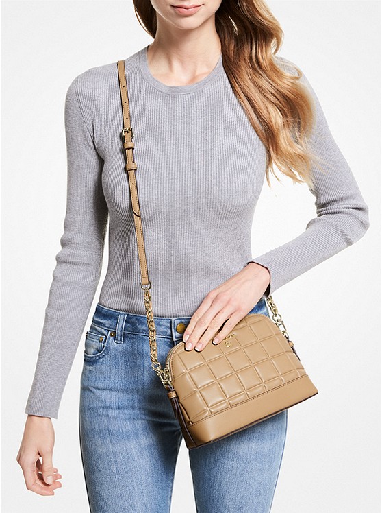 Large Quilted Leather Dome Crossbody Bag Camel