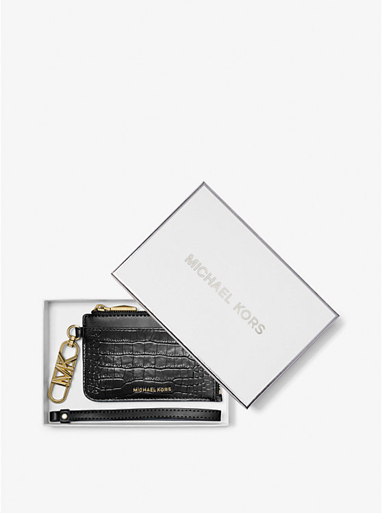 Small Crocodile Embossed Leather Zip Card Case image number 3