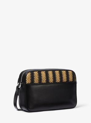Parker Medium Striped Straw and Leather Crossbody Bag
