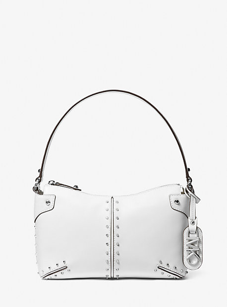 Shop Michael Kors Astor Large Studded Leather Shoulder Bag In White