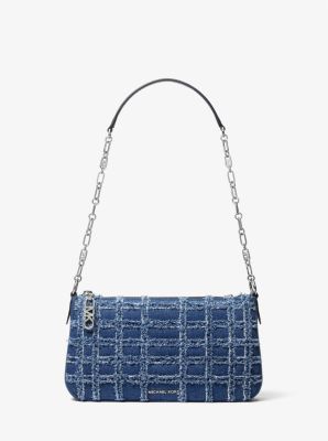 Pochette Empire effilochée en denim de taille moyenne à maillons de chaîne