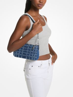 Pochette Empire Medium aus ausgefranstem Denim mit Kette