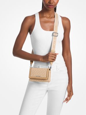 Jet Set Small Signature Logo Print Woven Smartphone Crossbody Bag in PEANUT | Michael Kors