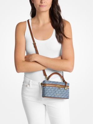 Tr&egrave;s petit sac &agrave; bandouli&egrave;re convertible Jana en denim &agrave; imprim&eacute; &agrave; logo Signature