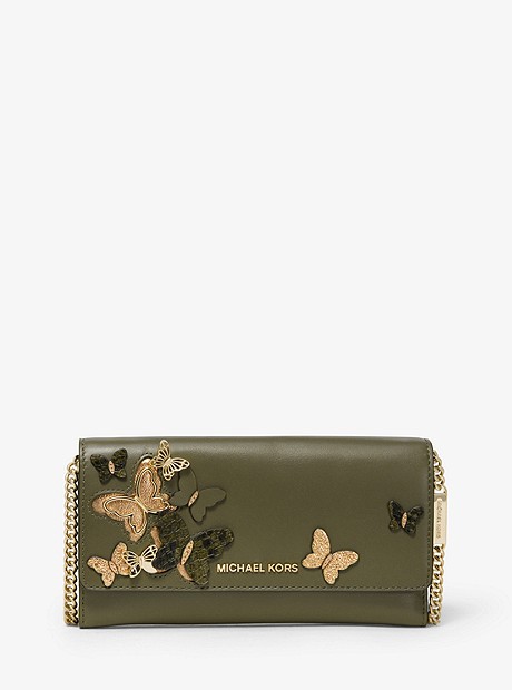 Large Butterfly Embellished Leather Convertible Chain Wallet - OLIVE - 32S9GF5C3K