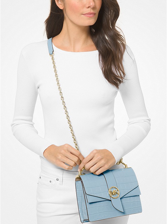 Greenwich Small Crocodile Embossed Leather Crossbody Bag Chambray