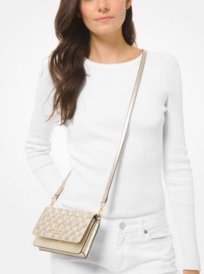 Jet Set Small Woven Metallic and Logo Smartphone Convertible Crossbody Bag