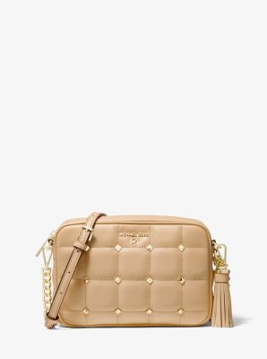 Michael Kors Jet Set Small Pebbled Leather Double-Zip Studded Strap Camera Crossbody Bag - Luggage