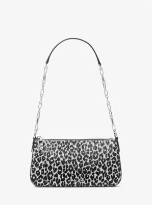 Shop Michael Kors Empire Medium Leopard Print Calf Hair Chain-link Pochette In Black