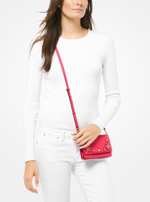 Floral Embellished Pebbled Leather Convertible Crossbody Bag