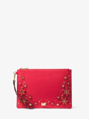 Medium Floral Embellished Pebbled Leather Pouch