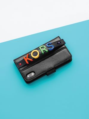 Embellished Leather Hand-Strap Folio Case For iPhone X/XS in BLACK | Michael Kors