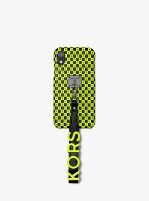 Neon Checkerboard Logo Leather Wristlet Case For iPhone XR | Michael Kors