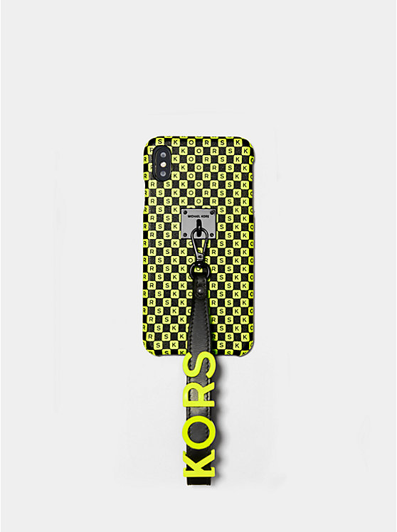 Neon Checkerboard Logo Leather Wristlet Case For iPhone XS Max image number 0