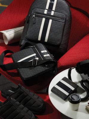 MICHAEL KORS MENS Hudson Pebbled Leather and Logo Stripe Backpack – Little  Red