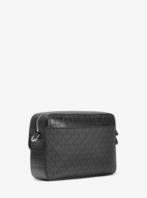 Hudson Crocodile Embossed Leather and Logo Crossbody Bag