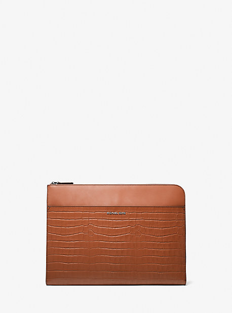 MK Hudson Crocodile Embossed Leather Laptop Case - Luggage Brown - Michael Kors
