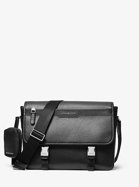 MK Hudson Pebbled Leather Messenger Bag with Pouch - Black - Michael Kors