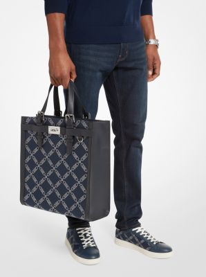 Leather and Logo-Jacquard Tote Bag